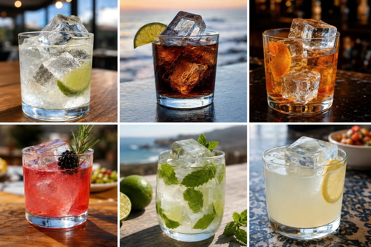 Seis tragos diferentes con cubos claros de hielo